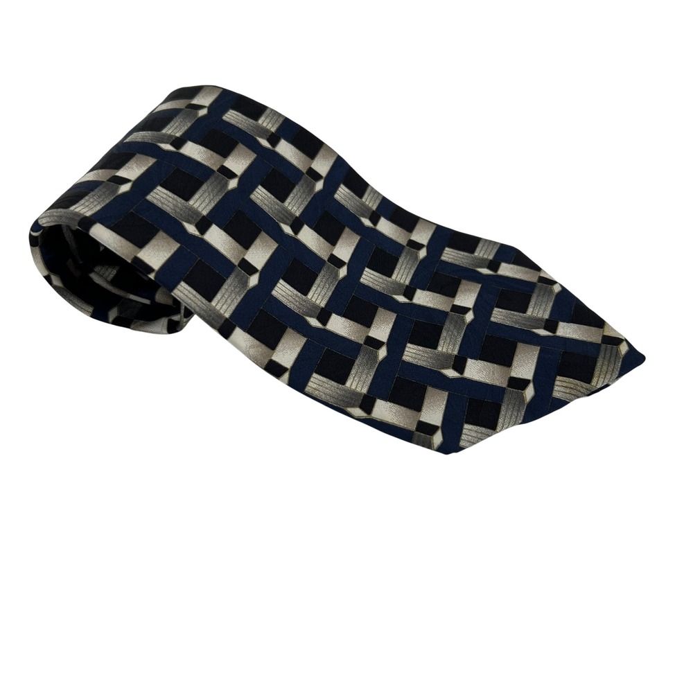 Zylos George Machado Men Geometric Basketweave Navy Blue Silver Italian Silk Tie
